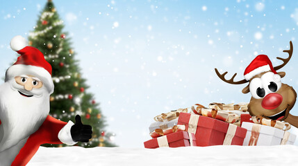 Santa Claus character with thumb up and a smiling deer with a green Christmas tree, a green fir decorated, snow and Christmas presents red white and golden wrapped paper 3d-illustration