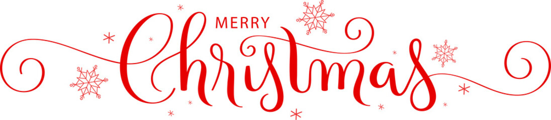 Red MERRY CHRISTMAS brush calligraphy banner with spirals and snowflakes on transparent background
