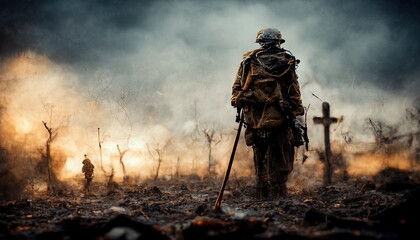 Naklejka premium illustration of a last soldier on a battlefield