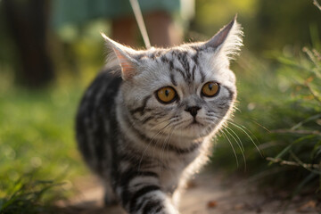 Cat being taken for a walk.