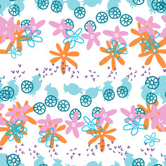 Fototapeta na wymiar Abstract colorful messy doodle flower seamless pattern. Fantasy floral background. Ditsy floret texture.
