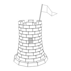 Castle knight tower. Medieval ancient fortress with banner flag