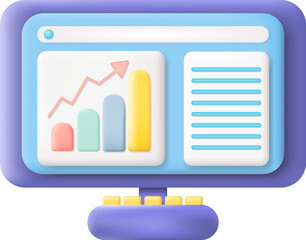 Business Data Analysis 3D Icon Graphic Illustration on Transparent Background. Finance Infographic and Financial Statistics on Monitor