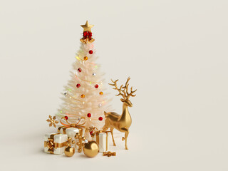 3d illustration Christmas banner of Reindeer with Christmas tree, gift box and decoration