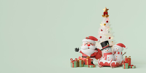 Christmas theme banner of Santa Claus and snowman with Christmas tree and gift box, 3d illustration