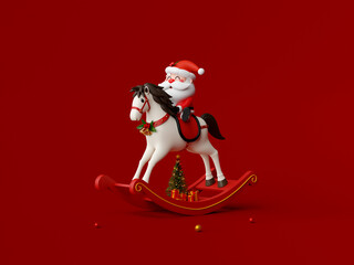 3d illustration of Santa Claus riding rocking horse on red background © NuTz
