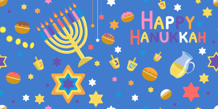 Happy Hanukkah seamless pattern. Hanukka endless border. Celebration card with menorah, David stars, sufganiyah, dreidel Vector illustration in flat cartoon style 