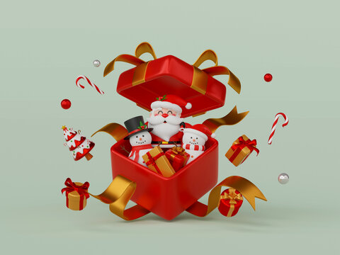 Merry Christmas and Happy New Year, Scene of Christmas celebration with Santa Claus and snowman with big gift box, 3d rendering