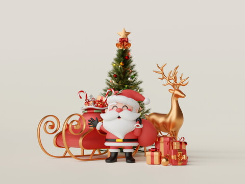 Christmas banner of Santa Claus with Christmas tree, gift box and reindeer, 3d illustration
