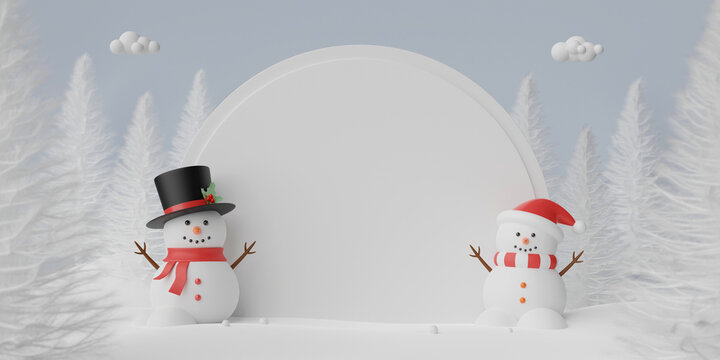 3d illustration banner of snowman in pine forest with copy space