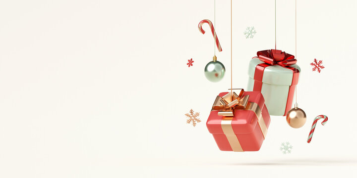 3d Illustration Web Banner Of Christmas Giftbox With Decoration