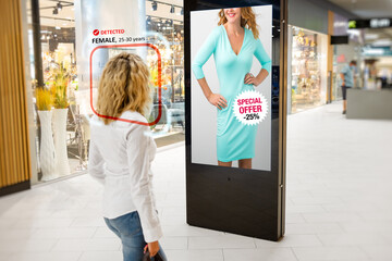 Woman walking in store while futuristic artificial intelligence advertising screen showing to consumer personalized promotion offers - 528087933