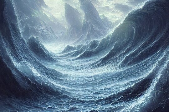 Wrath of nature, impossibly turbulent surreal hurricane storm with huge terrifying waves. Armageddon climate disaster, digital painting