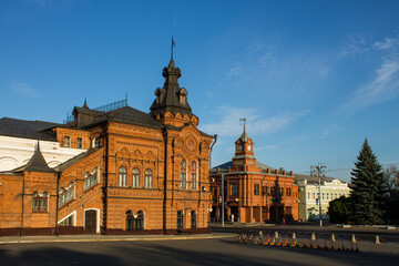 VLADIMIR, RUSSIA - AUGUST, 17, 2022: the historic brick facade of the Friendship House and the City...