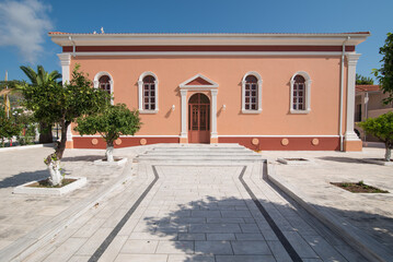 Side entrance to the Church of Gerasimos of Kefalonia in Skala holiday resort, Greece.