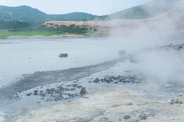 steaming hydrothermal outlet on the shore of the hot lake in the caldera of the Golovnin volcano on the island of Kunashir