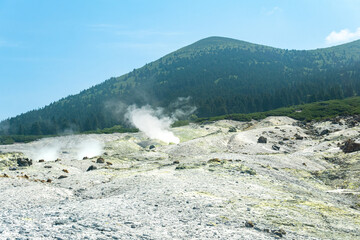fumarole field on the slope of Mendeleev volcano, Kunashir island