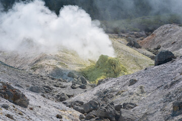 tower of crystallized sulfur around a solfatara in the fumarole field on the slope of a volcano - obrazy, fototapety, plakaty