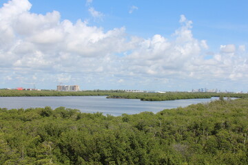 wide high shot of a lake view 