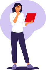 Woman standing with laptop. Office worker, remote job concept. Flat.