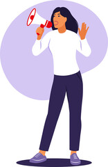 Woman is speaking into a megaphone. Announcement, warning concept. Flat.