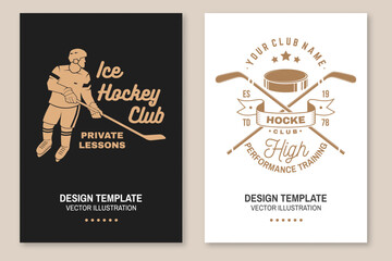 Ice Hockey club logo, badge design. Concept for shirt or logo, print, stamp or tee. Winter sport. Flyer, brochure, banner, poster with player, sticker, puck helmet and skates silhouette. Vector.