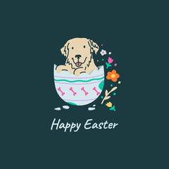 Easter art. Doodle illustration, a card with cartoon dog in egg with spring flowers. Colorful easter card with a golden retriever.