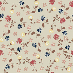 Stylish vector seamless pattern with small scattered  flowers, brown leaves on warm gray background. Liberty style print. Simple ditsy texture. Modern repeat design for wallpaper, fabric, textile