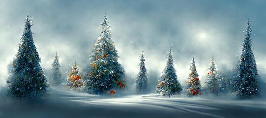 Beautiful tree in winter landscape , illustation