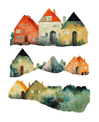 Hand painted watercolor old houses and trees collection. Illustrations isolated on white background. - 528090931