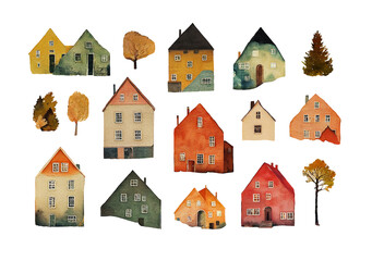 Hand painted watercolor old houses and trees collection. Illustrations isolated on white background. - 528090932