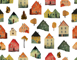 Seamless pattern with watercolor old houses and trees. Illustration for wrapping paper, wallpapers, prints, textile. Isolated on white background. - 528090933