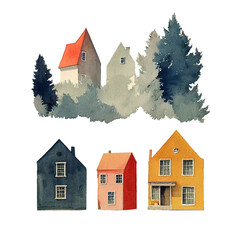 Hand painted watercolor old houses and trees collection. Illustrations isolated on white background. - 528090934