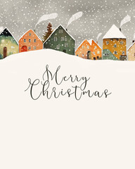 Merry Christmas card painted with watercolor. Old winter houses under the snowfall - 528090935