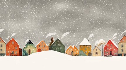 Seamless pattern with endless houses covered with the snow. Painted with watercolor. Christmas illustration. - 528090936
