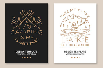 Set of camping inspirational quotes. Vector illustration. Flyer, brochure, banner, poster line art typography design with man in canoe, lake, tent and forest silhouette.