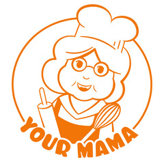 Round logo for cafe confectionery or bakery with cute grandma character in cook cap, vintage retro bakery shop label sticker in outline style