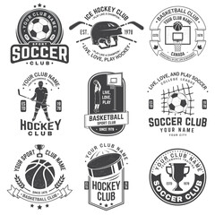 Obraz premium Set of ice hockey, basketball and soccer club badge design. Vector illustration. Vintage monochrome label, sticker, patch with basketball, ice hockey, soccer players silhouettes.