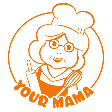 Round logo for cafe confectionery or bakery with cute grandma character in cook cap, vintage retro bakery shop label sticker in outline style