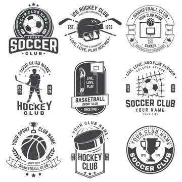 Set of ice hockey, basketball and soccer club badge design. Vector illustration. Vintage monochrome label, sticker, patch with basketball, ice hockey, soccer players silhouettes.