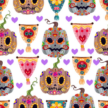 The day of the Dead. Mexican holiday. Die de los muertos. Vector illustration, festival, handmade, light background, seamless pattern