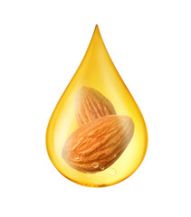 Drop of almond oil with almond nuts inside  isolated on white background. Clipping path.
