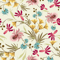 Gentle abstract flowers, jungle leaves, bird of paradise flower on a  light background. Pattern in boho style. It can be used for wallpaper, textiles, wrapping, upholstery. Vector illustration, eps10