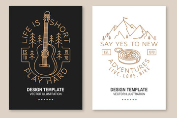 Set of camping inspirational quotes. Vector. Flyer, brochure, banner, poster line art typography design with guitar, forest, compass and mountain silhouette.