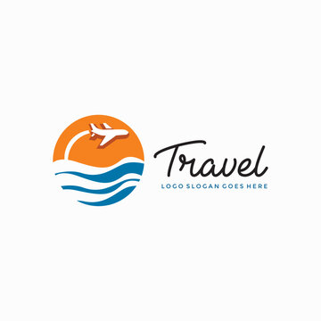 Travel logo, sun beach airplane logo vector image