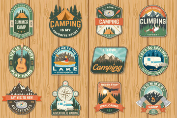 Obraz premium Set of camping badges Logo Patch. Vector illustration. Concept for shirt or logo, print, stamp or tee. Vintage typography design with guitar, man in canoe, lake, compass, camper rv , tent and forest