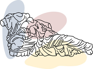 Illustration of antique statue of sitting goddesses. Line drawing of ancient greek sculpture with color spots background.