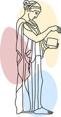 Illustration of antique statue of standing woman. Line drawing of ancient greek sculpture with color spots background.