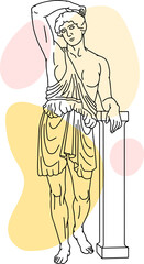 Illustration of antique statue of standing woman. Line drawing of ancient greek sculpture with color spots background.