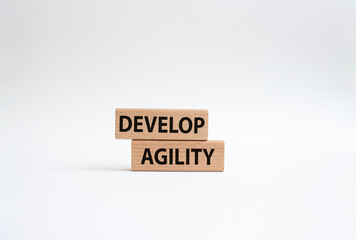 Develop agility symbol. Concept word Develop agility on wooden blocks. Beautiful white background. Business and Develop agility concept. Copy space